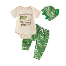 GOOCHEER Newborn Baby Boy Fishing Outfit I'M A Total Keeper Summer Short Sleeve Romper Shirt Pants, Light Green