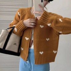 투니스 여성 루즈핏 하트 배색 니트 가디건