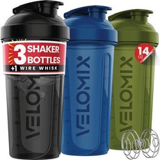 VELOMIX -3팩 - 단백질 믹스용 532.3ml(18온스) 단백질 쉐이커 병 - 와이어 거품기 1개 | 단백질 쉐이크용 누출 방지 쉐이커 컵 | 쌓을 수 있는 단백질 쉐이, Green,Black,Blue, 532.3ml