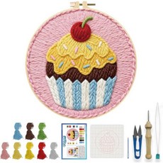 오리가치 자수 펀치 바늘 키트 성인 초보자용 DIY 과일 디저트 스티칭 예술 공예 및 홈 데코 쉬운 펀칭 프로젝트를 위한 7.9인치 후프 패턴 실 도구 포함, Fruit Dessert