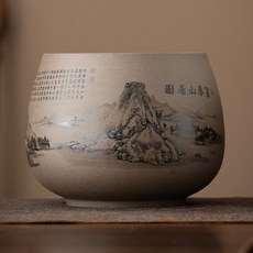 水盂 水方 建方 筆洗 茶渣桶 廢水盂 陶瓷粗陶茶渣缸 桌面茶渣桶 茶洗杯洗 復古大號水盂茶具配件, 1個, 粗陶小号茶渣缸--富春山居图