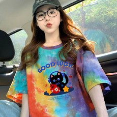 투니스 여성 패션 루즈핏 보카시 캐릭터 프린팅 반소매 티셔츠
