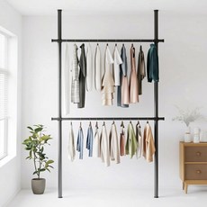 예니브 32mm 2단행거 튼튼한 철제 스탠드 옷걸이 행거, 블랙