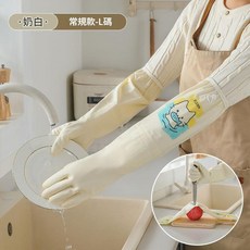 FISON 萌趣加長防水家務手套, 米色萌貓單層L, 中型加, 1套