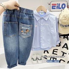 男童春鞦季後袋卡通牛仔褲2025新款牛仔長褲 兒童藍色牛仔褲童裝