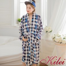 Kilei 方格綁帶開襟水貂絨睡袍 A3120-01 撞色格紋