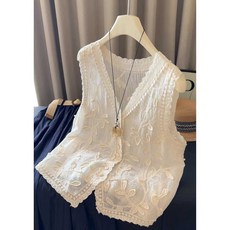 여성 레이스 조끼 프릴 베스트 꽃자수 화이트 V넥