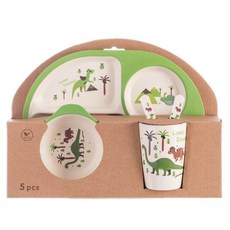 YIChu-創意竹粉竹纖維兒童餐具套裝五件套幼兒園寶寶卡通分格碗餐盤叉勺 8ROW, 長方形恐龍 5件套, 1個