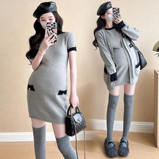 봄 가을 임산부 세트 캐주얼 패션 임부복 루즈핏 긴팔 가디건 + 라운드 반팔 니트 원피스 투피스 세트 기질 임부옷 WXY