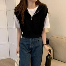 여성 니트 후드 집업 조끼 베스트 캐주얼 레이어드룩 0402