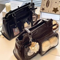 MONI 덕질가방 솜인형 캐주얼 수납 아이돌 콘서트가방 포토카드 키링 굿즈 꾸미기, 1개, 블랙 더블 숄더 스타일