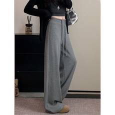 여성 두꺼운 플리스 스트링 캐주얼 팬츠 가을 겨울 와이드 레그 단색 슬림 스트레이트 롱 출퇴근 스타일 짙은 회색 라지
