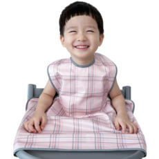 孩童用餐桌一體型防水餐墊圍兜, 粉色格紋款, 1件