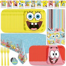 독특한 스폰지밥 생일 장식 | 파티 용품 16명의 손님에게 제공 배너 식탁보 디너 케이크 접시 냅킨 포크 버튼 포함