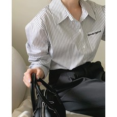 여성 데일리 루즈핏 레터링 스트라이프 줄무늬 셔츠 남방 박시핏 빅사이즈 하객룩