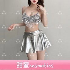 【甜蜜cosmetics】酒吧DJ女團GOGO領舞臺裝 性感銀色背心短裙爵士舞套裝, 1個, 銀色流蘇上衣+短裙(含胸墊),M