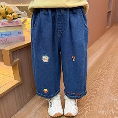 女童褲子春秋新款，女寶寶洋氣時尚闊腿牛仔褲，兒童春裝寬鬆長褲