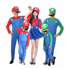 슈퍼마리오 루이지 가족 의상 세트 할로윈 파티 변장 복장 모자 상하의 커플 아동 성인, 1개, 남성(루이지) L