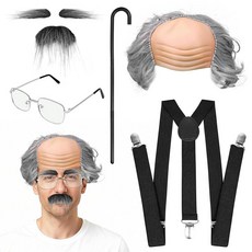 SOMEITIA 5피스 노인 코스튬 세트 남성용 가발 안경 가짜 콧수염 멜빵 지팡이 재미있는 할아버지 액세서리 할로윈 코스프레 드레스 업 스타일 A