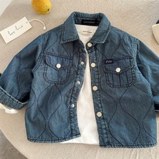 兒童棉衣2025瞇瞇眼鞦鼕新品男女童絎棉牛仔襯衫寶寶字母襯衣外套