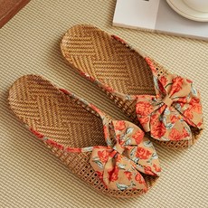 JUN팩토리 여성 남자 라탄 린넨 왕골 슬리퍼 등나무로즈리본 여름 실내 거실용 실내화, 오렌지, 1개