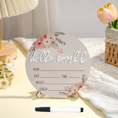 'Hello World' 아기 출생기념 우드 플라크 세트 베이비 출생 기록 장식품 꽃/열기구 테마, 1개, white