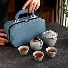 汝窯開片旅行茶具套裝陶瓷快客杯三杯戶外茶葉罐伴手禮便攜式禮品, 1個, 1L, 汝窯開片快客杯【配網格皮包】:如圖