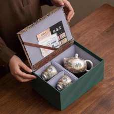 鎏銀功夫茶具套裝, 1個, 世外桃源-鎏銀一壺兩杯【禮盒包裝】, 鎏銀