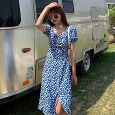 꽃무늬 롱원피스 파랑 블루 반팔 OPS V넥 미니원피스