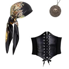 Joizomou 해적 코스튬 액세서리 여성용 남성용 해적 반다나 머리띠 헤드 스카프 해적 새시 벨트 및 해적 주얼리 3피스 새틴 블랙-블랙 코르셋 단일 사이즈