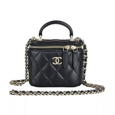 CHANEL 金字雙C LOGO 菱格紋 鏈袋設計 拉鍊手提斜背化妝包 (黑)