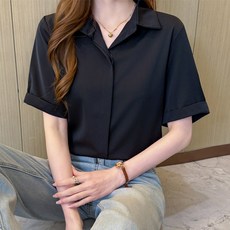타시리 여성 여름 오픈 카라 반팔 셔츠 블라우스