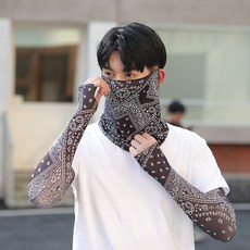 夏季防曬冰袖男女冰絲袖套防紫外線手臂袖開車戶外騎行長面罩遮陽套裝-腰果黑默認顏色