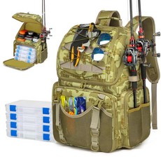 RUCYEN 낚시 백팩 45L 대형 쿨러 태클 백 로드 홀더 및 레인 커버 포함 방수 스토어 장비 133067, 카키 카모