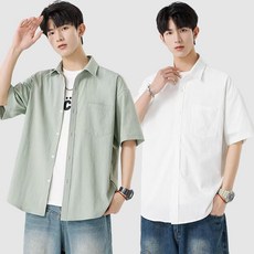 테크비 1+1 남성용 반팔 링클프리 오버핏 무지 남방