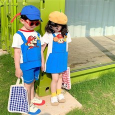 兒童夏季瑪利歐套裝 姐弟兄妹裝 卡通Cosplay服裝 男童女童兄妹裝