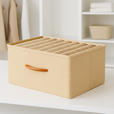 하스몰 내추럴 우드핸들 다용도 접이식 수납함 패브릭 옷정리함, 베이지, 1개