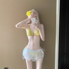 泳衣女性感純欲顯白黃色小胸分體三點式綁帶比基尼泳衣泡溫泉度假, M