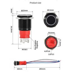 20A 고전류 블랙 아노다이즈 푸시 버튼 스위치 19mm ON OFF 순간 작동 LED 방수 전원 12V 와이어 소켓 포함, 02 10A Latching, 01 12V 24V, 03 Blue LED