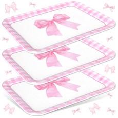 JarThenaAMCS 3Pcs 크리스마스 서빙 트레이 재사용 가능한 서빙 접시 골드 그린 크리스마스 트리 눈송이 플래터 겨울 파티 간식 디저트 13 x 10 인치, 14 Plaid Pink Bow