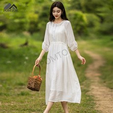 POMTOR 편안한 여름 캐주얼 레이어드 원피스 여성 심플 흰색 롱 린 원피스