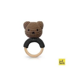 Just Dutch 手工編織泰迪熊手搖鈴，寶寶安撫玩具，彌月/生日禮, 1個, 黑色