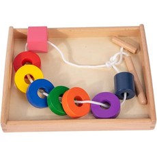 Adena Montessori 트레이가 있는 나무 레이싱 스트링 비즈 세트 장난감 몬테소리 나무 비즈 모양 시퀀싱 세트 만 1 2 3세 유아용 소근육 운동 기능 유치원, Adena Montessori 트레이가 있는 나무 레이