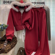 S STUDIO 加絨連帽衛衣套裝 韓系毛領拉鏈外套闊腿褲兩件套