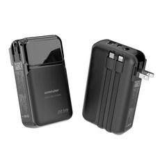 wonder多功能旅行快充行動電源20000mAh 內建AC插頭與多種充電線 支援PD/QC/PPS快充協議 輕巧便攜, 黑色, WA-P15BA