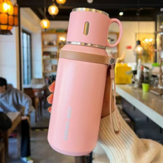 316不銹鋼保溫杯 一杯兩用 便攜水壺, 粉色-食品級316+茶隔+小碗蓋, 1100ml