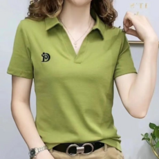 여성용 브이넥 카라 자수 반팔 티셔츠