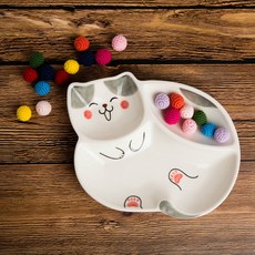 몽글몽글 순진한 냥이씨 고양이 3구 어린이 도자기식판, 1개, 1, 회색 냥이