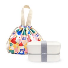 온다온 도시락통 밤부 직장인 전자레인지 런치박스 + 패턴 보온보냉백 세트, 화이트+캐슬, 1세트