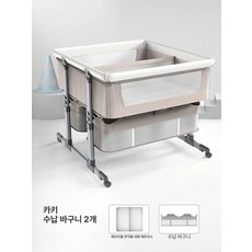 유아 쌍둥이 베이비용 더블 아기침대 가드 범퍼, 지지대 구조, 프리미엄형-카키-매트리스+수납바구니